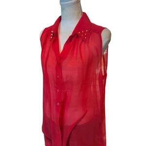 Buffalo David Bitton Sheer Red Blouse Womens M Studded Collar Sleeveless Top